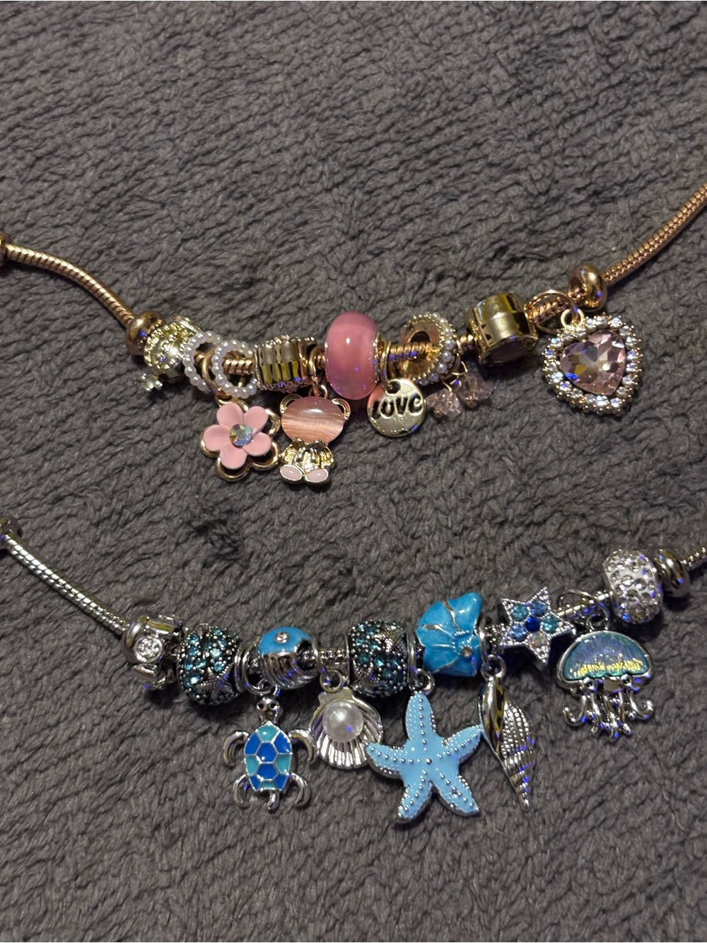 Rose Gold and Blue Charm Bracelet Set with Heart and Starfish Charms
